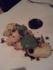 Tempura fried dayboat cod cheeks w/ pickled peppers and squid ink anchoiade