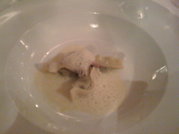 Grilled Leek Agnolotti, Bouchot mussels, razor clams, saffron
