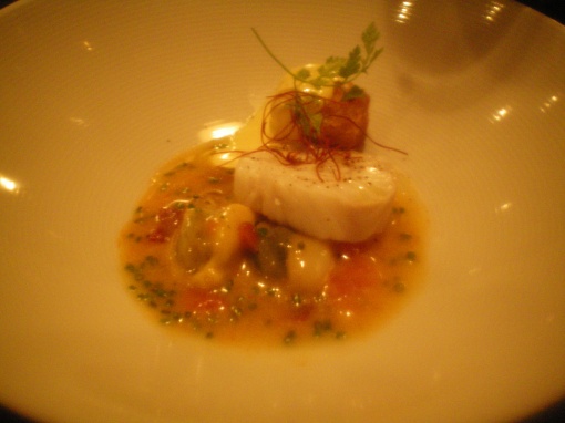 gently cooked casco bay cod, egg battered croutons, saffron-tabasco mayo, chorizo-mussel broth