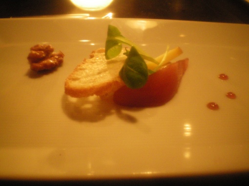tarentaise, spring brook farm, reading vt. port poached pear, toasted vanilla walnuts, baguette chips
